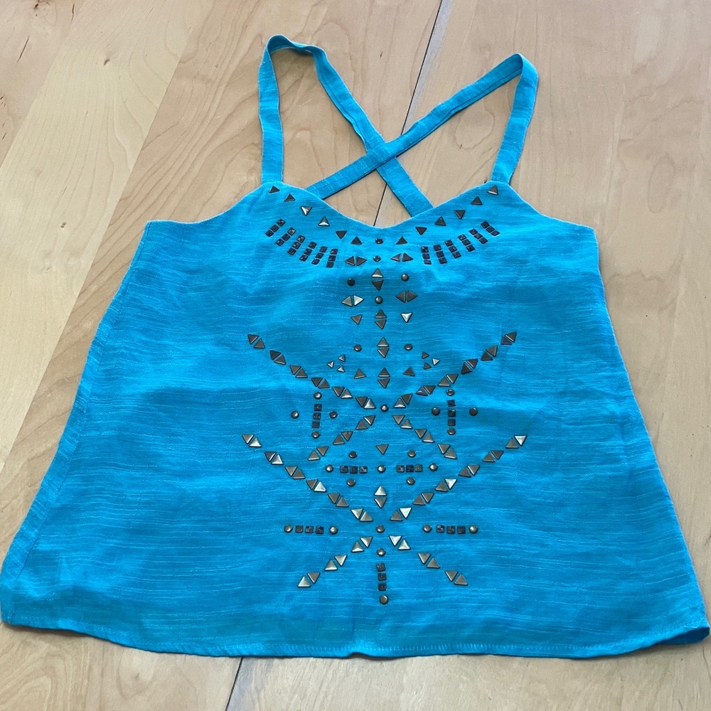 Luca Couture aqua turquoise camisole w/ studs, crisscross back straps size XS